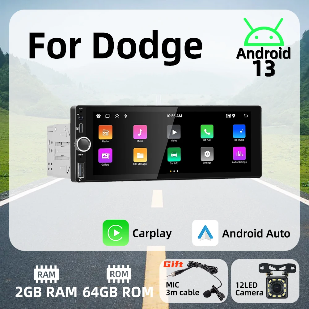 

Carplay Android Auto Android Car Multimedia Player 1 Din Radio for Dodge 6.86" Screen Stereo Head Unit Autoradio GPS Navigation