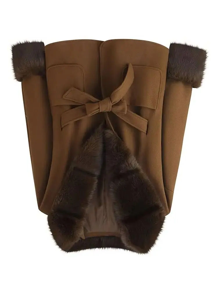 

HH Women Winter New Fashion Versatile Fur Collar Hooded Woolen Jacket Female Waist Tie Pockets Decoration Warm Short Coat Mujer