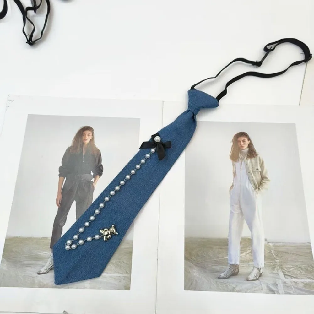 Cowboy Style Denim Pre Tied Necktie Beaded with Tassel Costume JK Tie‌ Adjustable Elastic Strap Denim Pearl Necktie