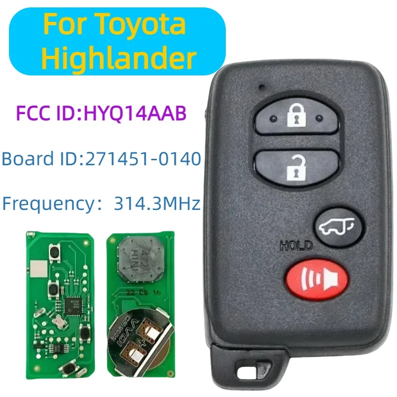 4 Buttons 2007-2014 314.3MHz FCC ID: HYQ14AAB For Toyota Highlander  Board ID:271451-0140 Board Smart Remote Key Fob