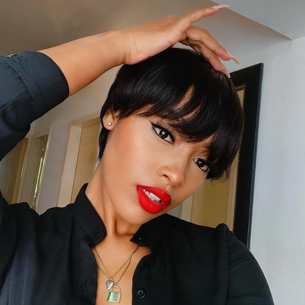 ショートストレート人毛ウィッグ ピクシーカットウィッグ ブラジル産レミーヘア 生え際がプレプラッキングされた女性用ウィッグ 機械製 100%人毛