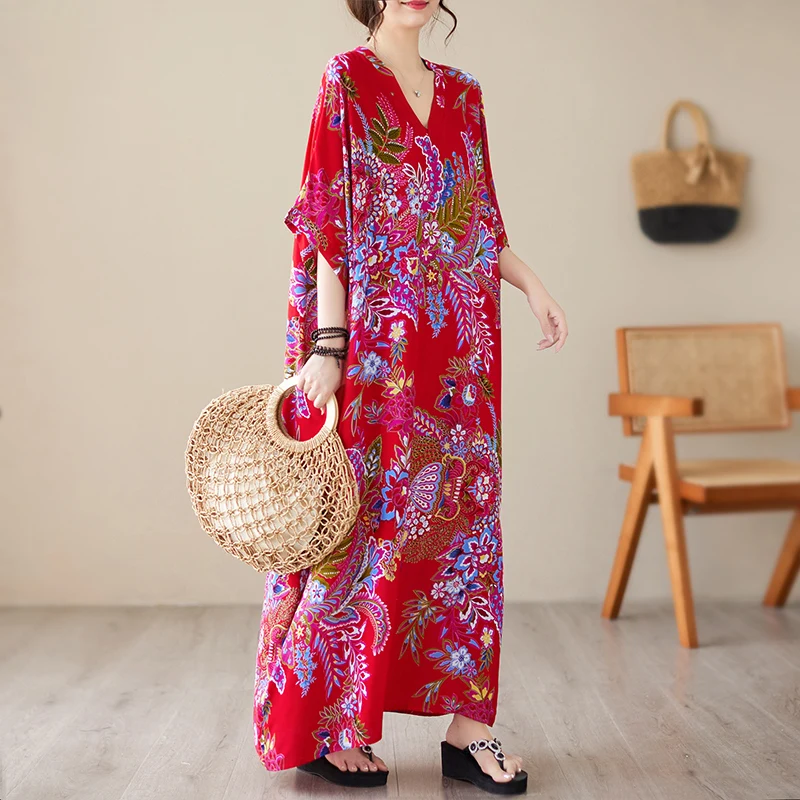 Falda Larga de Seda con Cuello en V para Verano, Estilo Vacacional, Hoada, Talla ande, Ropa que Disimula la Figura, Dobla...