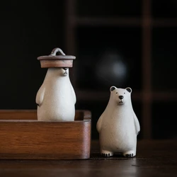 Creative Handmade Purple Sand Tea Pet Ornaments Tea Accessories White Clay Cute Bear Teacup Cover Bracket