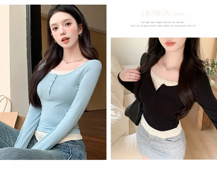 Neues Damen-Langarm-T-Shirt mit U-Kragen, schmales Oberteil für Frühling und Herbst, französischer Stil, Damenbekleidung mit gefälschtem Zwei-Spitzenrand, Y2k-Top – Detail 4