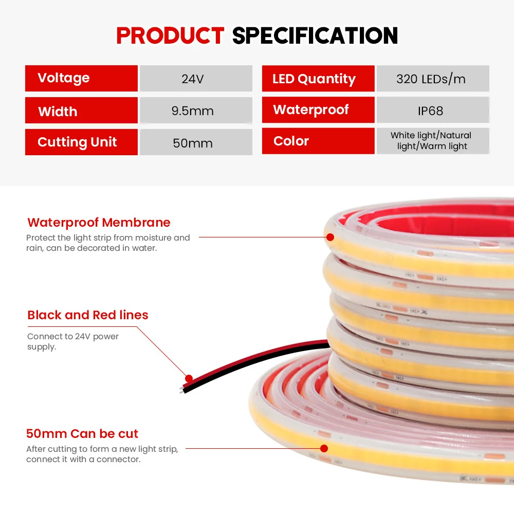 Bande lumineuse LED COB étanche IP68, 12V, 24V, 3000K, 4000K, 6000K, RA90, 320, ruban adhésif flexible, ULtransparente, décoration d'intérieur