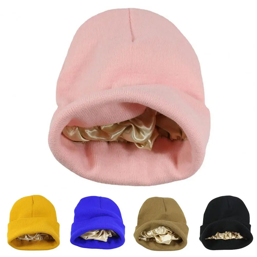 Winter Silk Satin Lined Knit Beanie Hats Women Thermal Hat No Brim Stretch Coldproof Knitting Warm Beanie Hat Streetwear