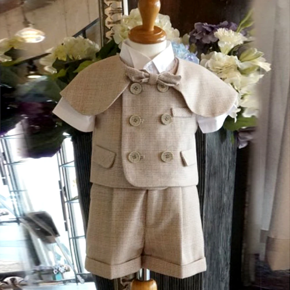 Baby Photography Clothes 9 Month-4 Year Boy Sets Children Boutique khaki Lattice Vest shawl Suit Kids Cotton Formal Wears