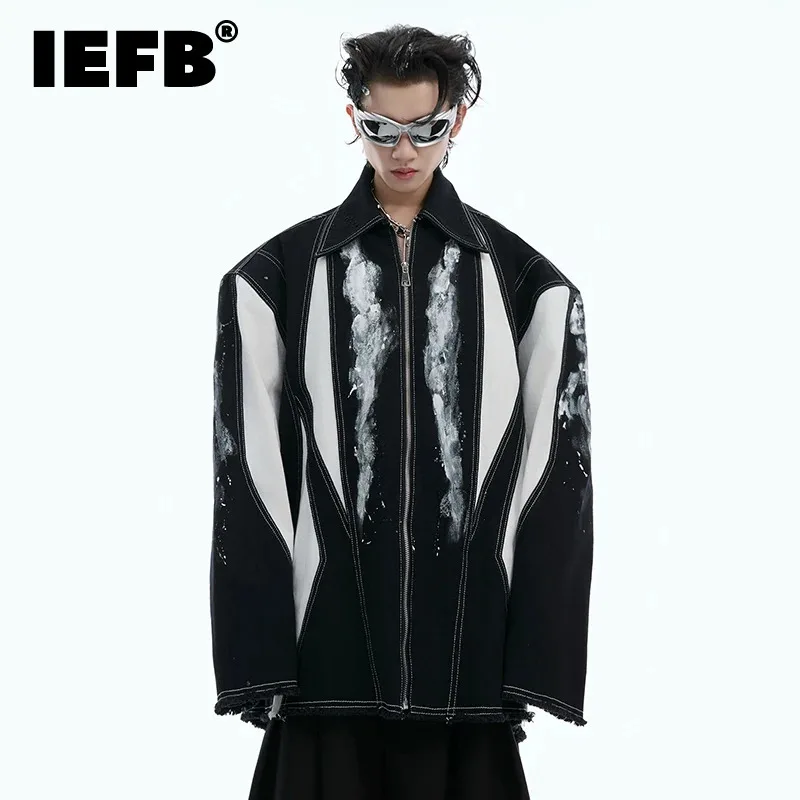 

IEFB Fashion Men's Jackets Casual Patchwork Graffiti Shoulder Pads Contrast Color Loose Lapel Zipper Male Coats Trendy 24E2350