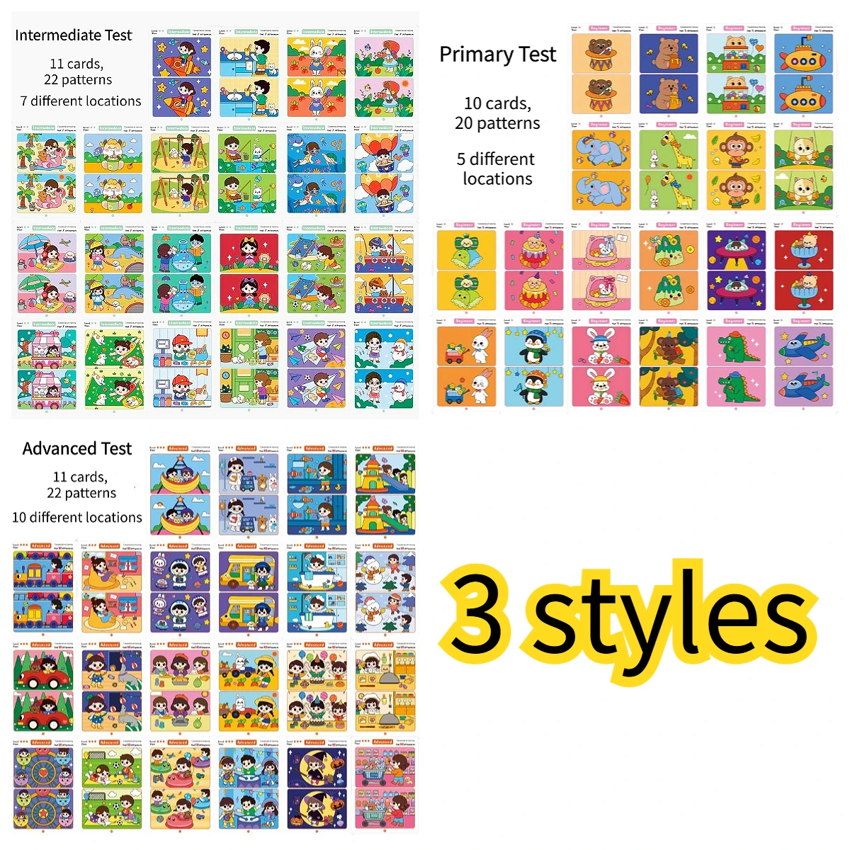 Juego de cartas Spot the Difference: actividades de aprendizaje preescolar reutilizables, 3 niveles para entrenamiento de atención y enfoque de niños pequeños