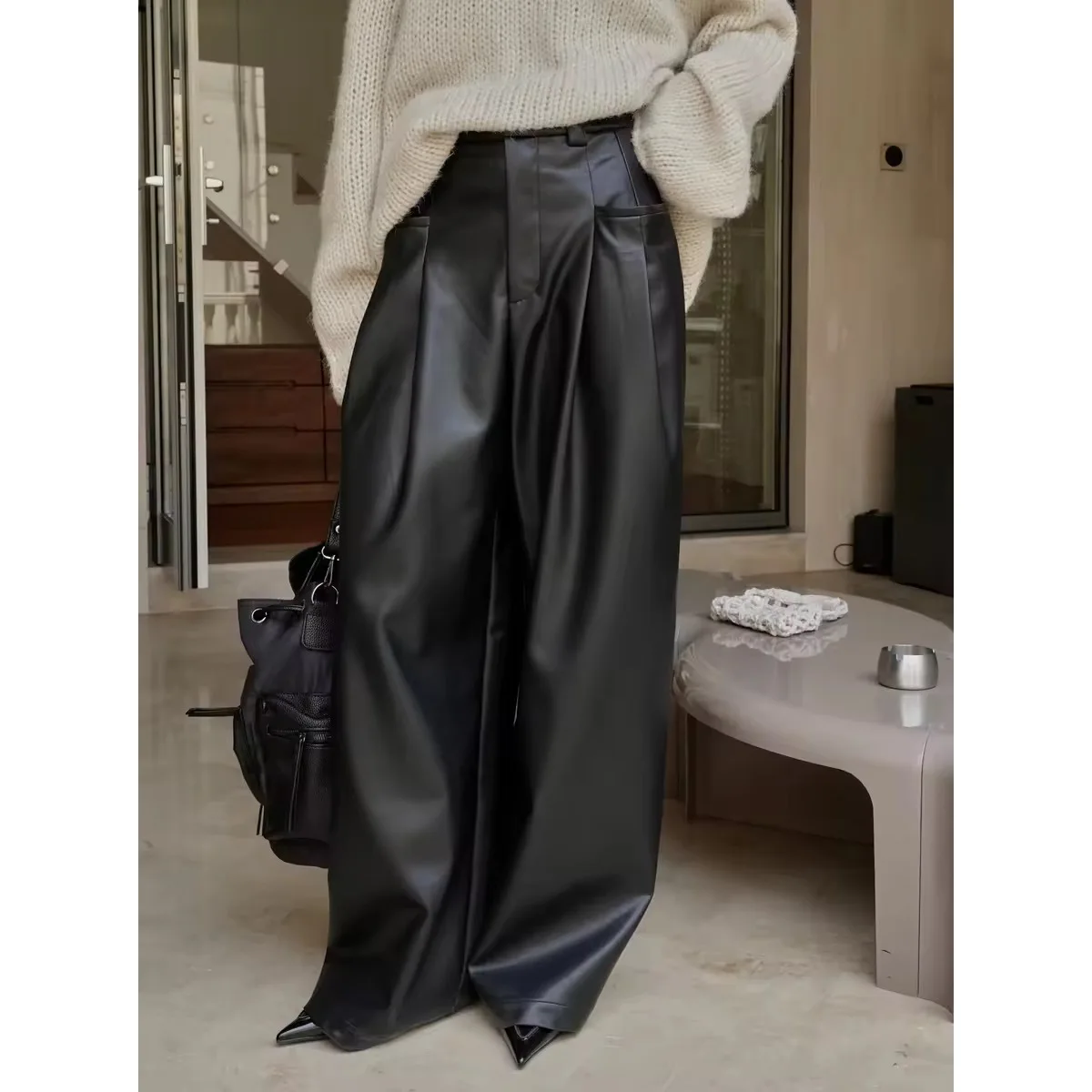 

Women Pants High-waisted PU Leather Women Leather Tousers 2023 Streetwear Pants Solid Casual Baggy Cargo Pants for Women