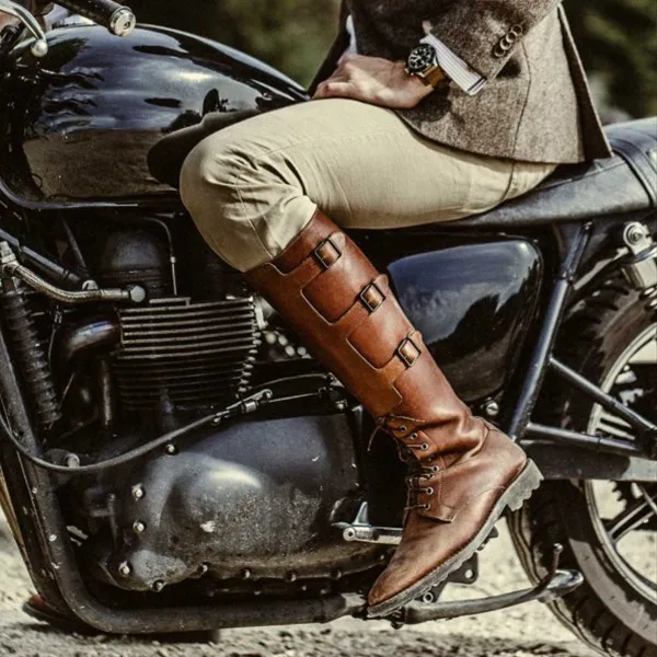 British Man Three Buckle Strap Flat Lace- Up Knee Boots Hombre Zapatos Riding Boots Brown Vintage Leather Motorcycle Boots