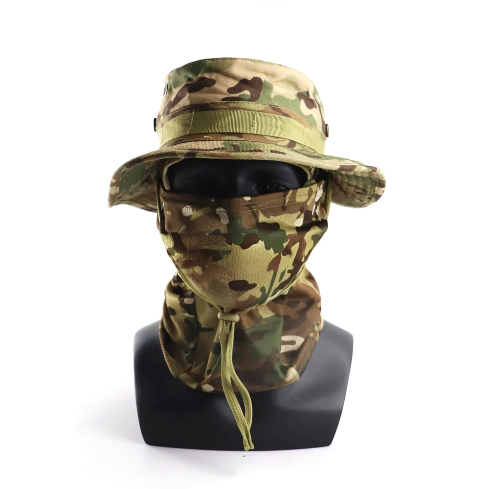 Outdoor Fishing Benny Cap Adjustable Benny Hat and Mask Sunblock UV Protection Neck Face Camouflage Hats for Hiking Fishing