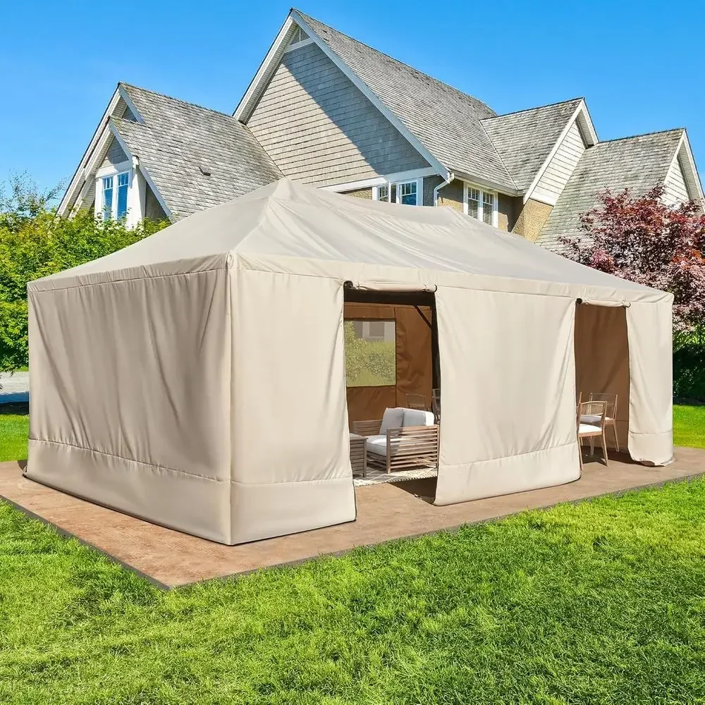 All-Season 12x20 Gazebo Cover with Mesh Sides and Doors, Beige