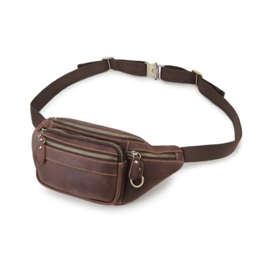 

Fanny Pack Genuine Leather Waist Bag for Men Women Vintage Hip Bum Bag with 6 Zippered Pockets for Outdoor Traveling Hiking Run