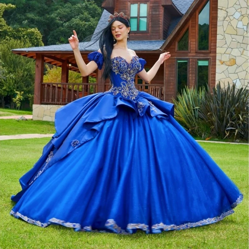 

Dark Blue Luxury Princess Quinceanera Dresses 2023 Elegent Lace Puffy Appliques Beading Bow Off The Shoulder Sweet Party Dresses