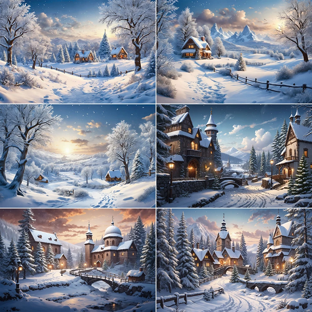 

MOON.QG Christmas Village Snow Winter Houses Background Pine Tree Home Decoration Backdrop New Year Photography Studio Supplier