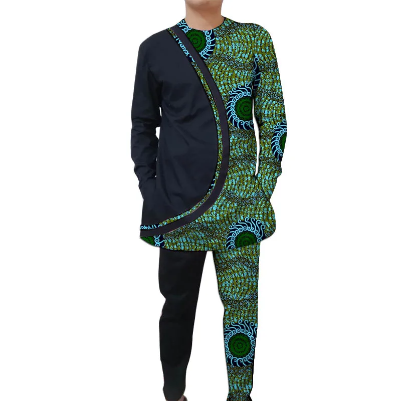 Black Patch Design Men's Tops+Elastic Waist Pants African Print Outfits Nigerian Styles Male Groom Set