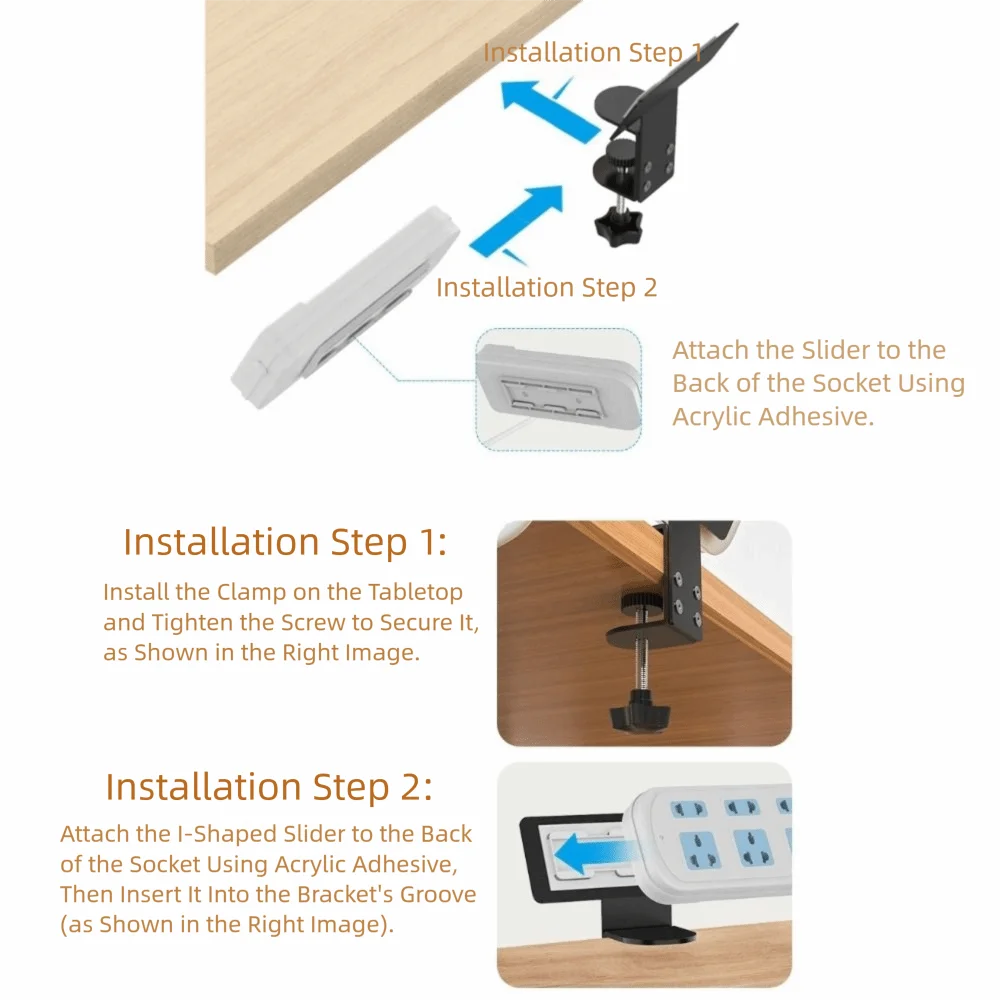 

No-Drill Installation Desk Power Strip Holder Thicken Material Black Iron Material Power Strip Desk Mount Secure Fit Removable