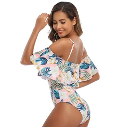 Ruffled Off Shoulder Swimwear Women One Piece Swimsuit Backless Printed Monokini Bodysuit Beachwear Bathing Suit Plus Size XXL