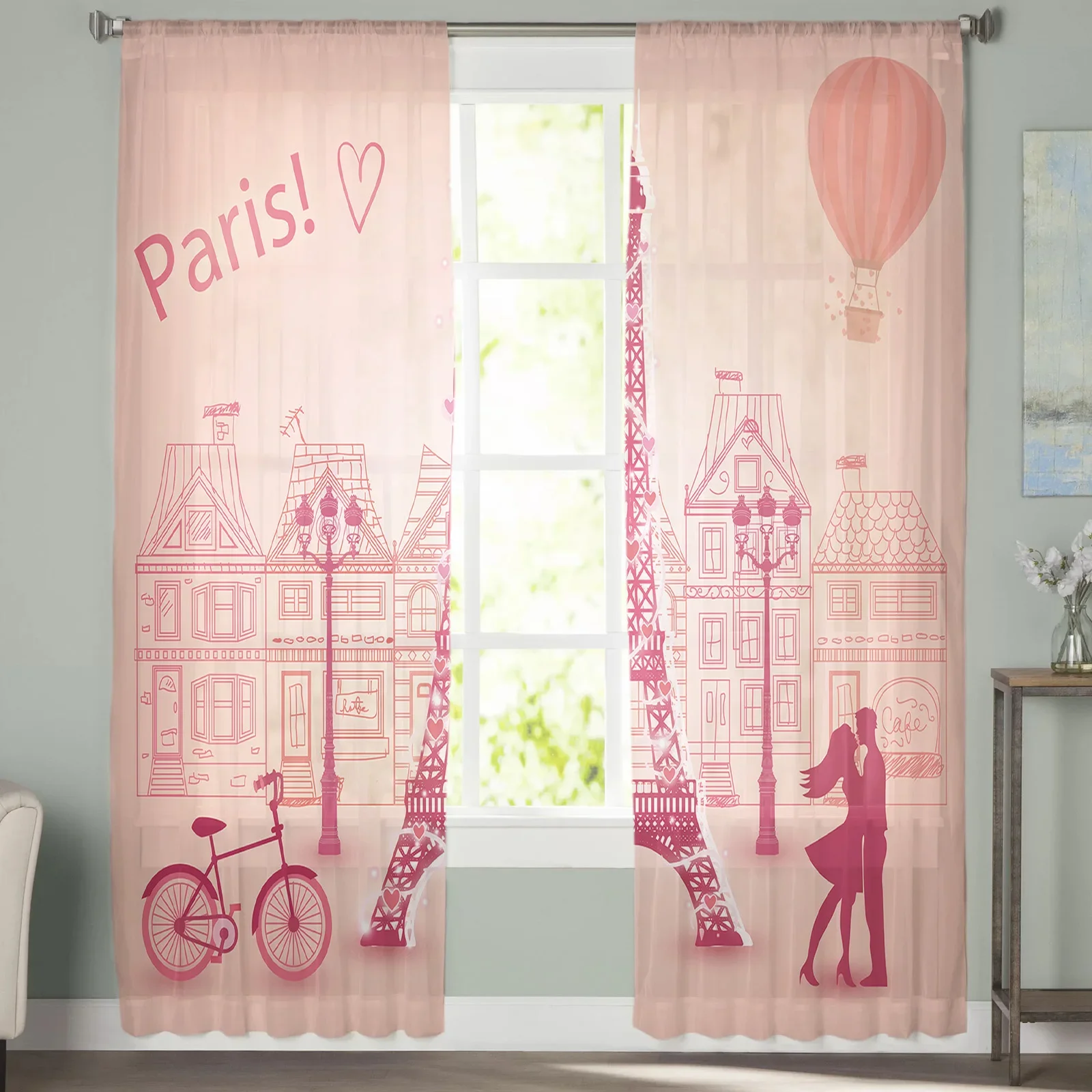 Simple Romantic Paris Love Hot Air Balloon Eiffel Tower Living Room Kitchen Chiffon Curtain Youth Bedroom Sheer Floor Curtain