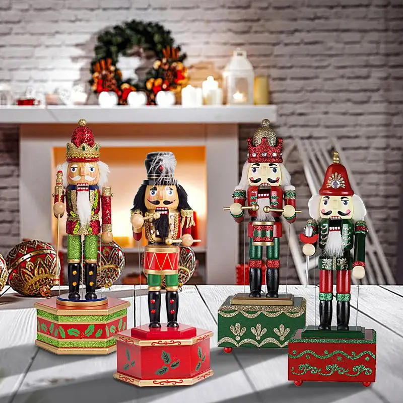 Nutcracker Wooden Music Box Christmas Village Decorations Soldier Puppet Figurine Doll Home Office Decoration Ornament  Gift