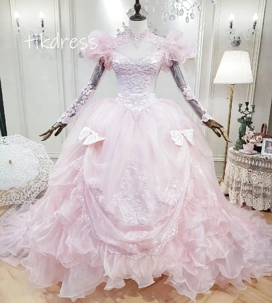 

Glamorous Elizabethan Pink Wedding Dess 80s Long Sleeve Organza Victorian Bride Dress With Bow Bustle Custome Medieval Bridal