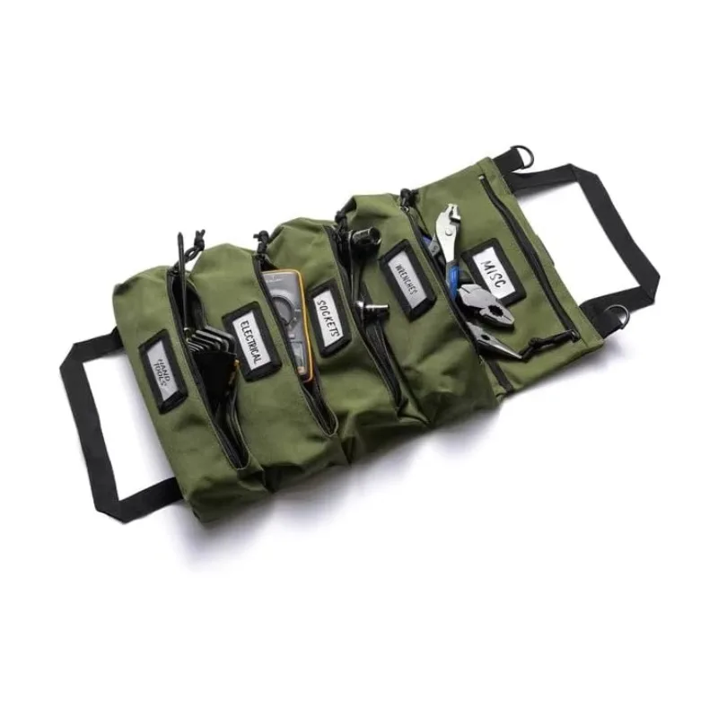 Custom Logo 5-Pocket Canvas Tool Roll Bag Durable And Waterproof With Secure Buckle For Mechanics Electricians OEM Support