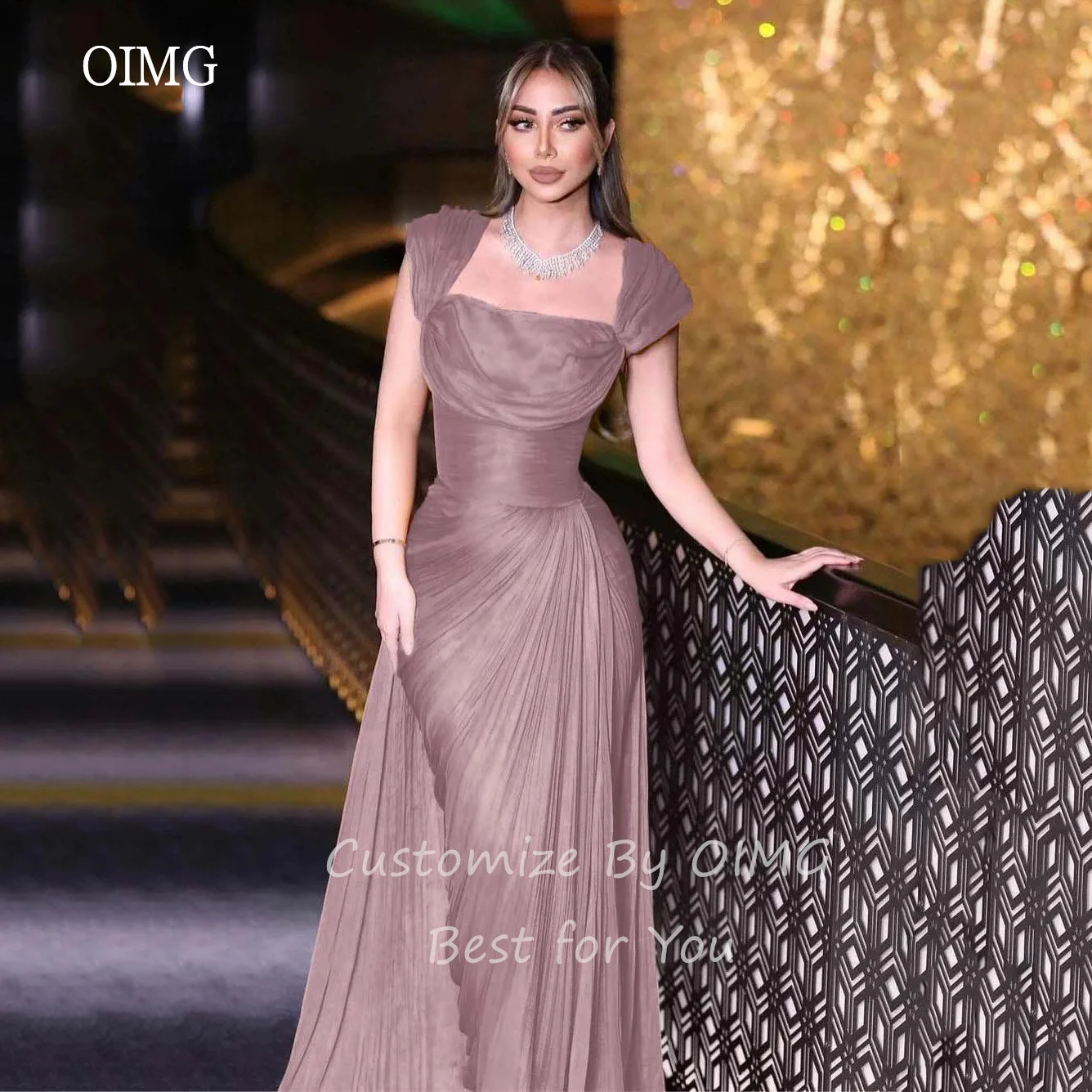 OIMG Elegante blu sirena abiti da ballo collo quadrato pieghettato abito da festa lunghezza pavimento abito da sera abiti da festa personalizzati