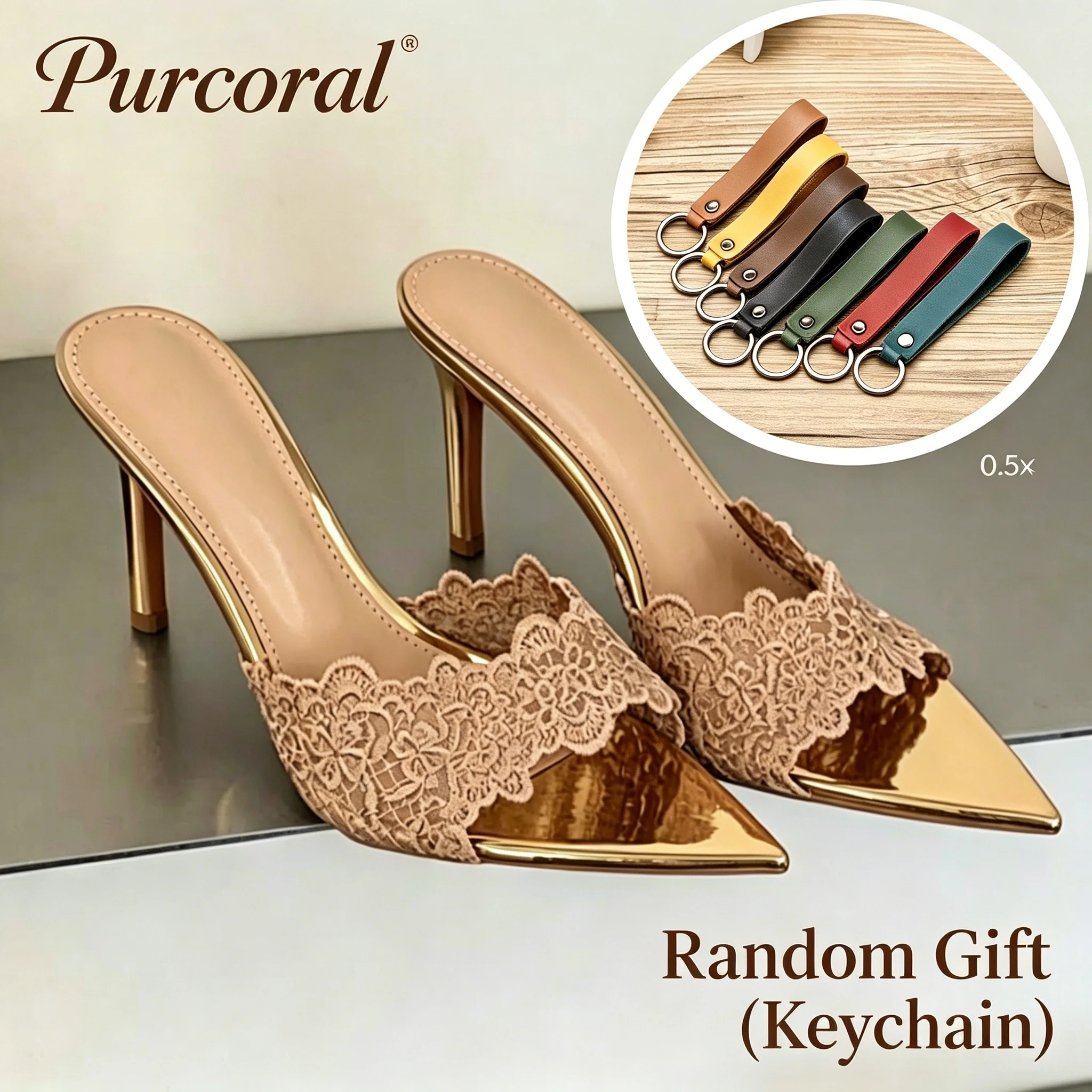 

Purcoral 2026 New French Champagne Lace High Heel Slippers for Women with Thin Heels and Sharp Pointed Slippers in Stock