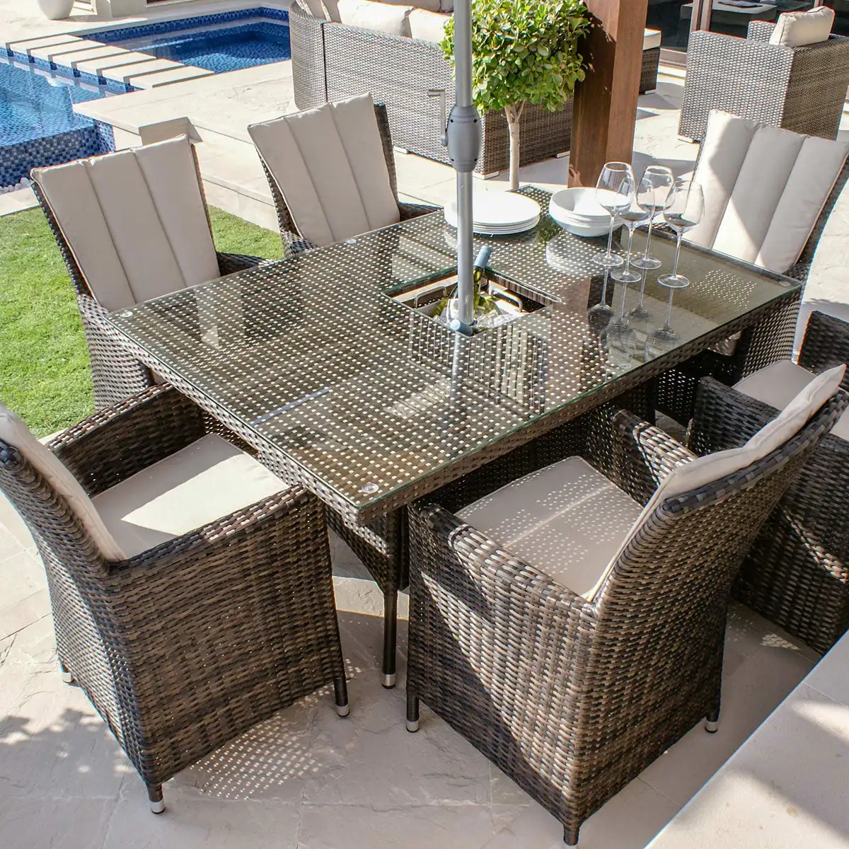 

Garden Table and Chair Aluminium Rattan Sofa Set Patio Wicker Furniture 7 Pcs Couch Outdoor Dining Set