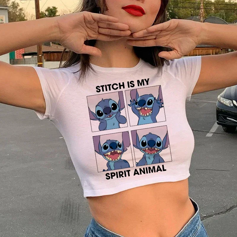 Fashion Cropped 90s Disney Lilo Stitch Funny T Shirt Women Stitch T-shirt Graphic Tshirt Streetwear Crop Top Tee Female