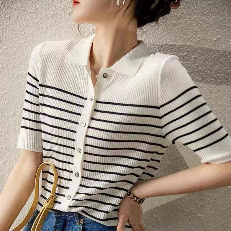 قميص بولو نسائي مخطط بأكمام قصيرة من Boweylun ، كارديجان كاجوال منسوج ، مريح ، جيد التهوية ، صيفي ، جديد