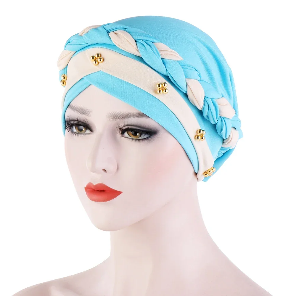 Indian Women Muslim Braids Beads Hijab Chemo Cap Turban Cancer Hair Loss Hats Bonnet Islamic Cover Beanies Headwrap Head Scarf