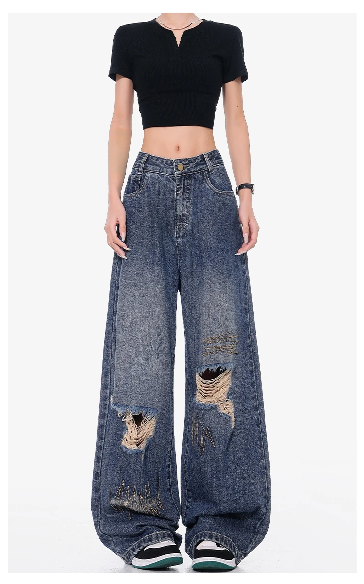 

Women's Ripped Retro Blue Embroidered Jeans American 2000s Jeans High Waist Wide Legs Loose Straight Street Clothing Smooth Jean