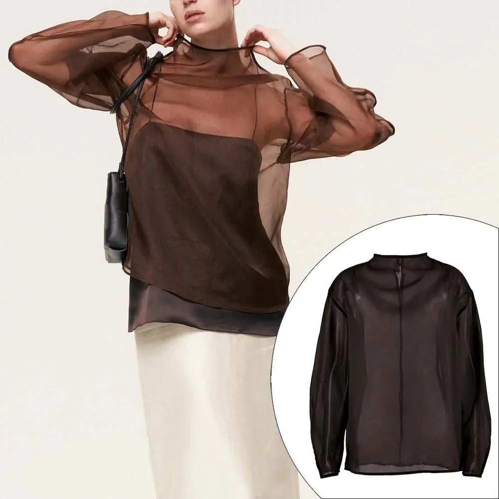 Chic Long Sleeve Mesh Blouse Half-high Collar O Neck Gauze Blouse See Through Loose Tops Daily Street