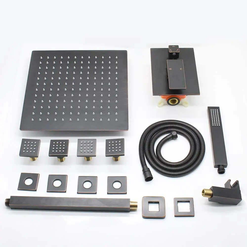 高圧12インチレインシャワーヘッドセット、ボディジェット付き、オイルラブドブロンズ仕上げ、天井取り付けシャワー水栓システム、ブラッシュ仕上げ