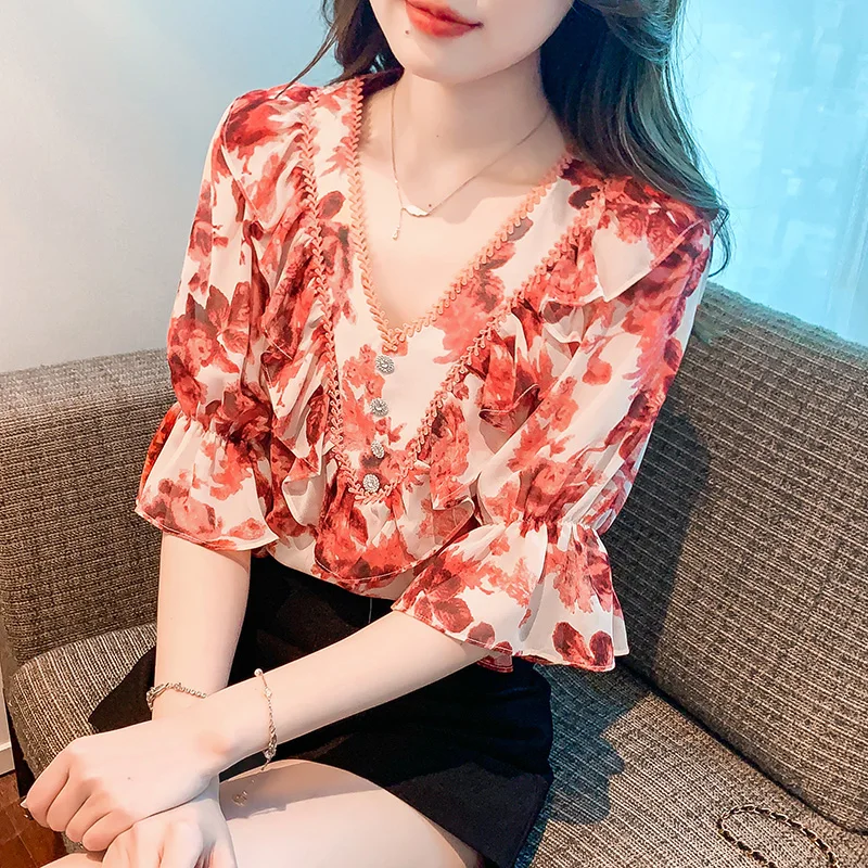 Women\'s Summer V-Neck Ruffles Button Lace Pullover Flower Print Pleated Fashion Petal Half Sleeve T-shirt Office Lady Tops