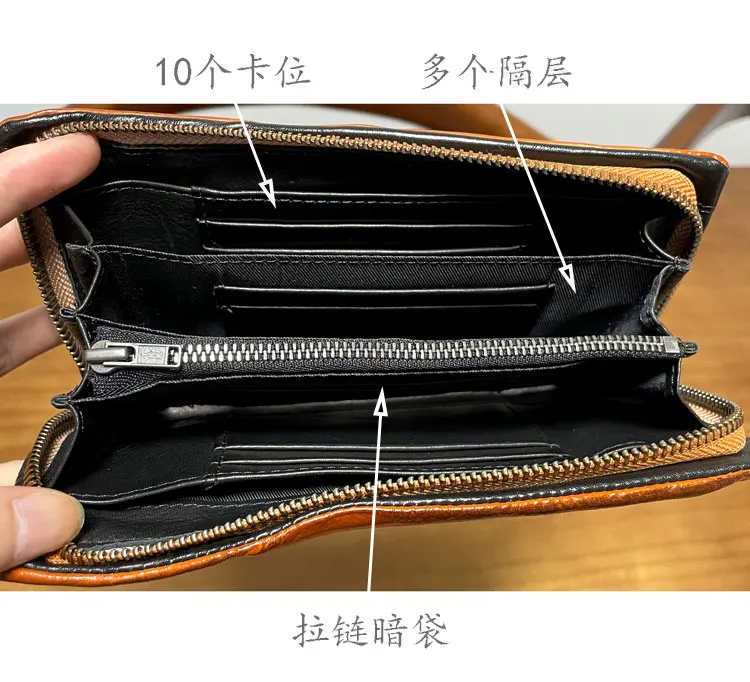 casual handmade luxury first layer cowhide men's women's long wallet simple vintage high-quality genuine leather phone purse