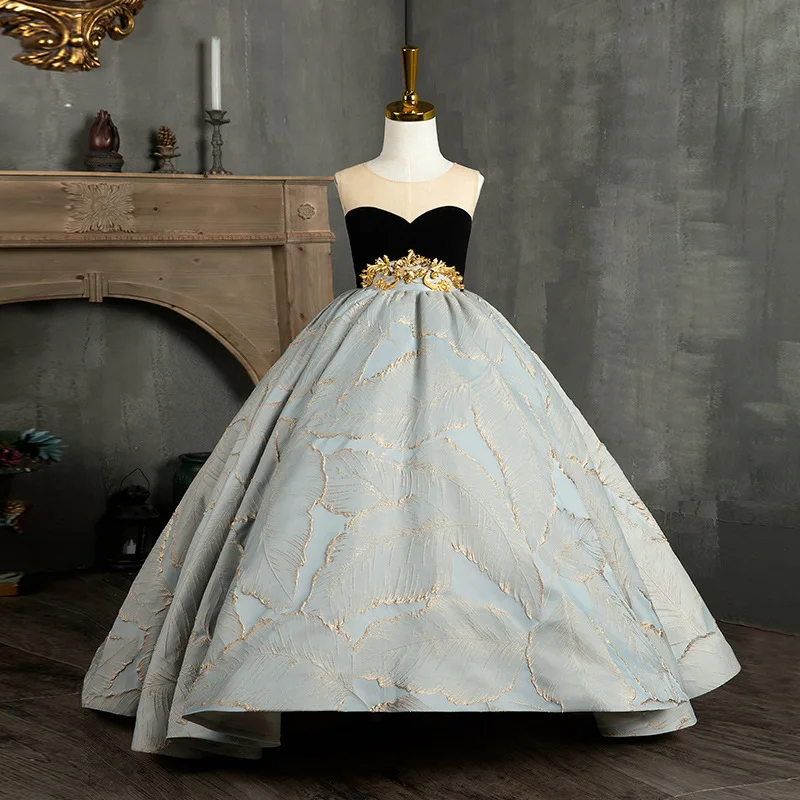 Precioso vestido de princesa jacquard con cola de palacio para niñas, vestido de boda para niños, fiesta de cumpleaños infantil, vestidos sin mangas para niños