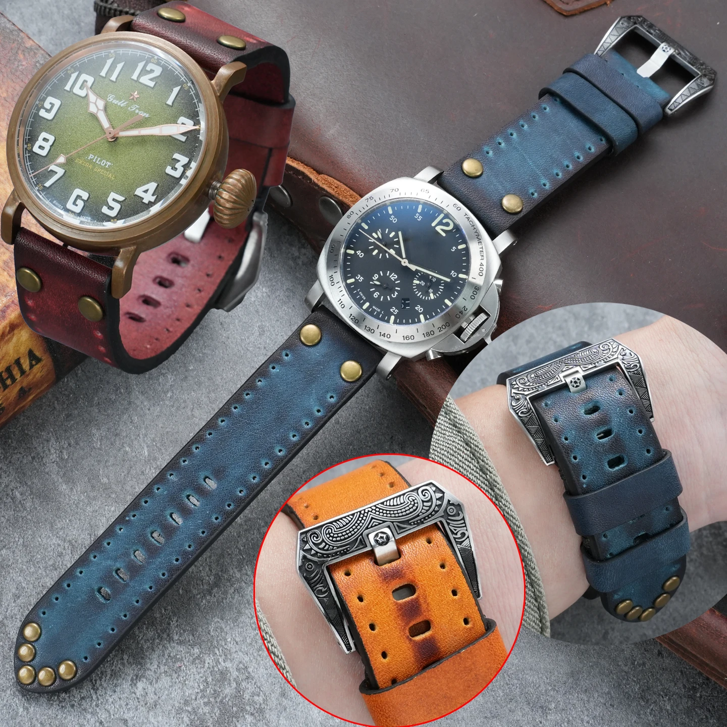 Retro Leather Watchband 20mm 22mm 24mm Rivet strap for Panerai TUDOR Hamilton ZENITH Men Brushed Steel Carved Clasp Accessories