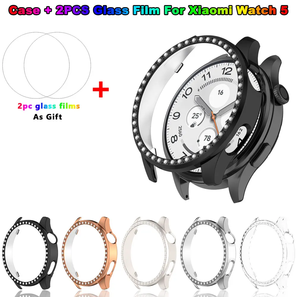 Bling PC Case + Glass Film For Xiaomi Watch 5 Diamond Bumper Protector Frame Shell Cover for Xiaomi Watch5 Smart Accessories