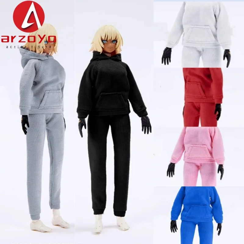Model ubrań w skali 1/12: bluza sportowa z kapturem i spodnie, pasuje na figurki żołnierzyki damskie Romankey o wysokości 6 cali, modelujące się na żółwiu.