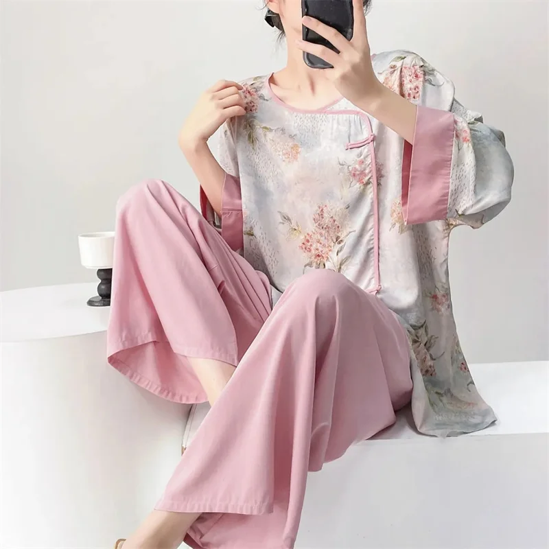

Korean Women Round Neck Cotton Silk Two-piece Pajamas Autumn Female Long Sleeved Pants 2PCS Ladies Printing Tops Loungewear Set