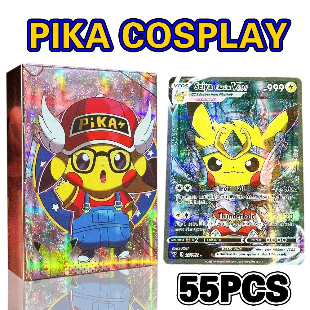 55PCS/box English DIY Cosplay Pokemon Pikachu  Flash Card Anime Peripheral Game Collection Card Holiday Gift