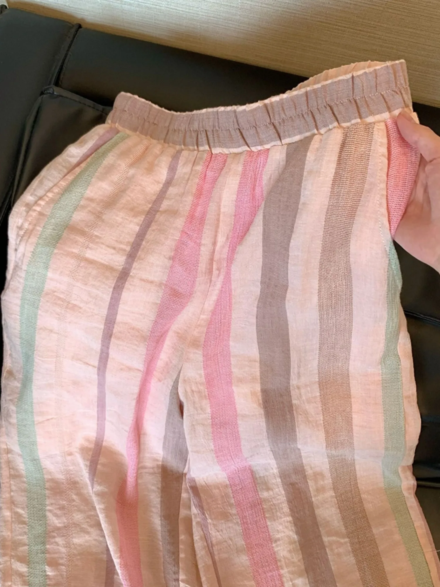 Été Faion ample jambe large coton lin pantalons décontractés femmes mince coupe droite pantalon rayures effet minceur