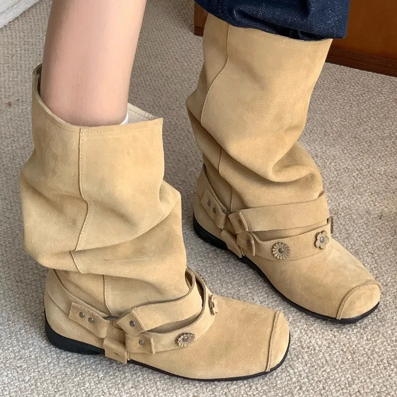 

Женские ковбойские сапоги в стиле вестерн в сложенном стиле в стиле ретро с юбкой, рыцарские сапоги с пряжкой, резиновые туфли на низком каблуке