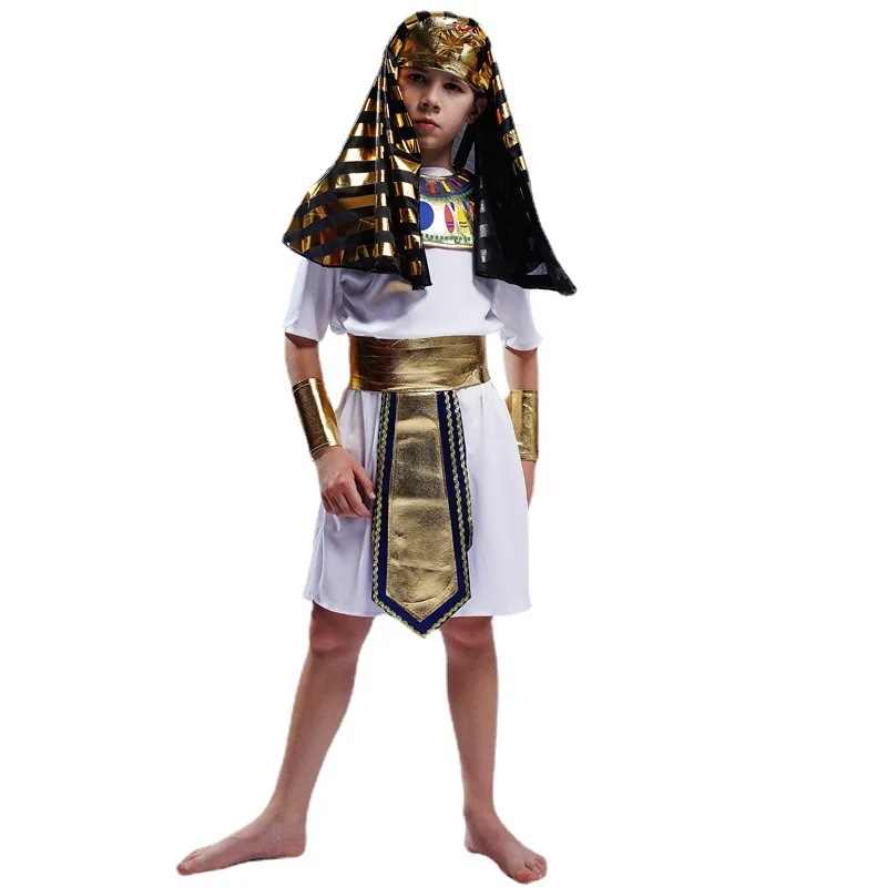Funny Little Boy Pharaoh Costume Headdress Robe Necklace Wrist Guards Belt Role-Playing Costume Party Halloween Cosplay Props