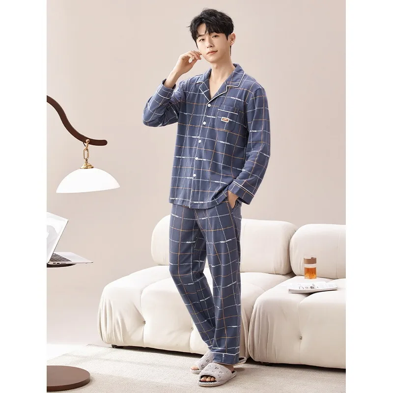 Baumwolle Herren lange Nachtwäsche koreanische Mode bedruckte Strickjacke Homewear männlich große Größe L-3XL Pyjamas Set atmungsaktive Pyjamas Hombre