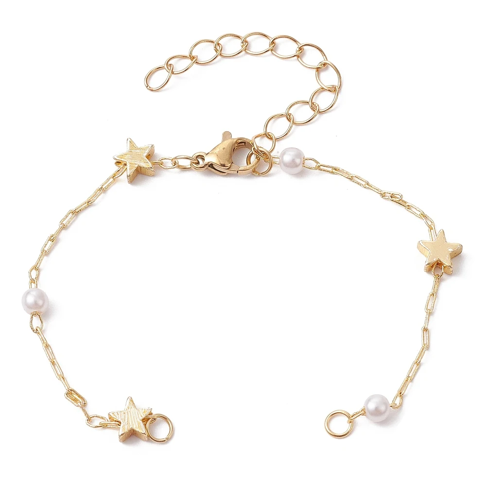 10 Stück Messing-Stern- und ABS-Imitationsperlen-Ketten für die Armbandherstellung, hellgoldener Karabinerverschluss für Verbindungsanhänger – Detail 3