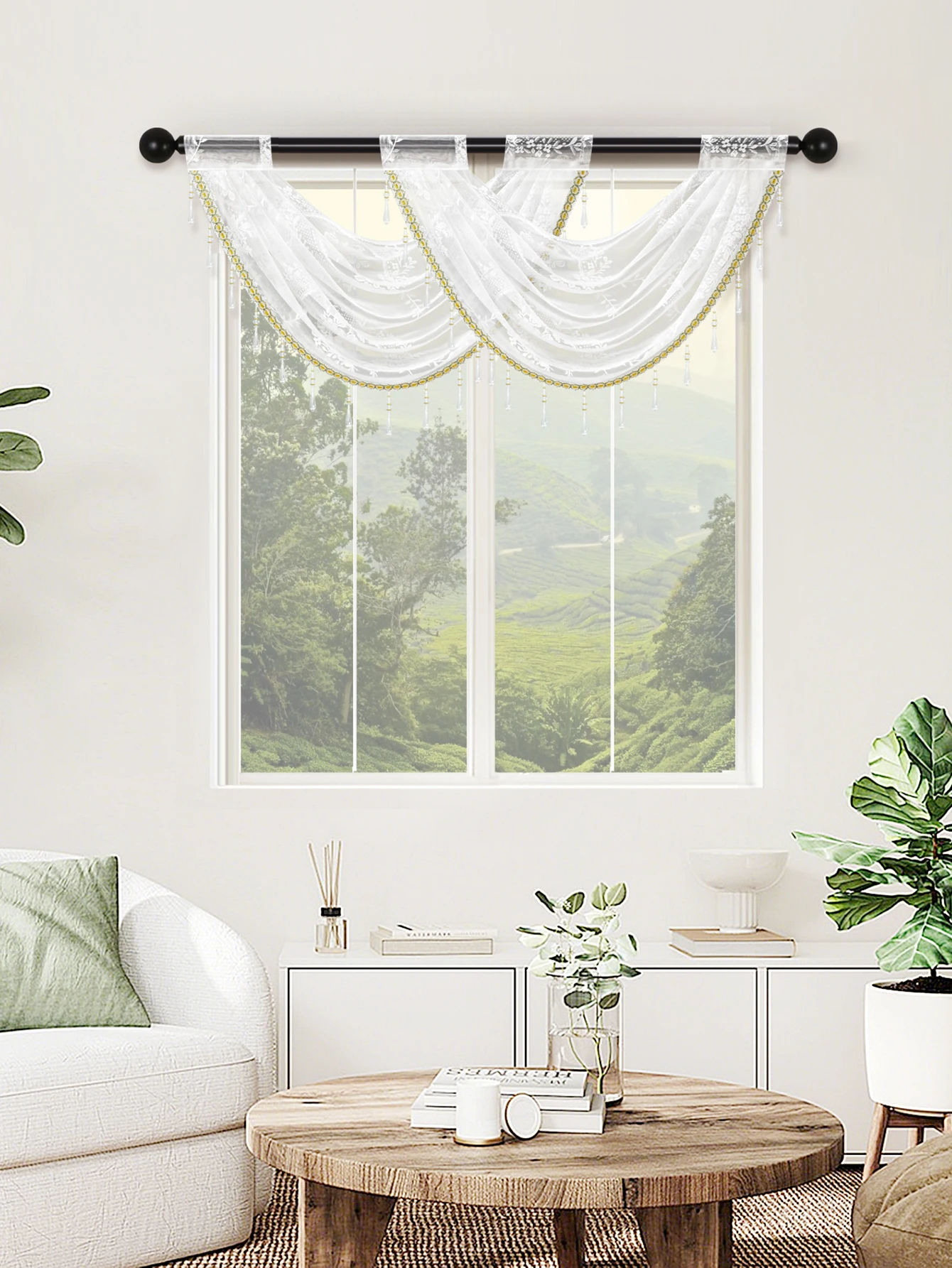 

1 шт. Кружевной тюлевый ламбрекен в нежном стиле для гостиной, с карманом для карниза, простой ламбрекен с бусинами по краю для окон и дверей